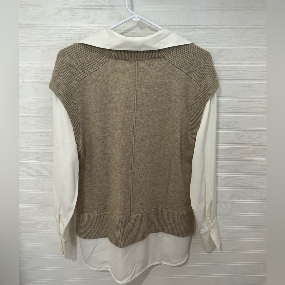 Elan Tan V-Neck Sweater Vest with Attached White Collared Blouse - Picture 2 of 4